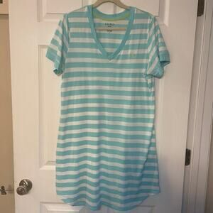 LAUREN RALPH LAUREN V-Neck Short Sleeve Blue Striped T-Shirt Dress Women's Large